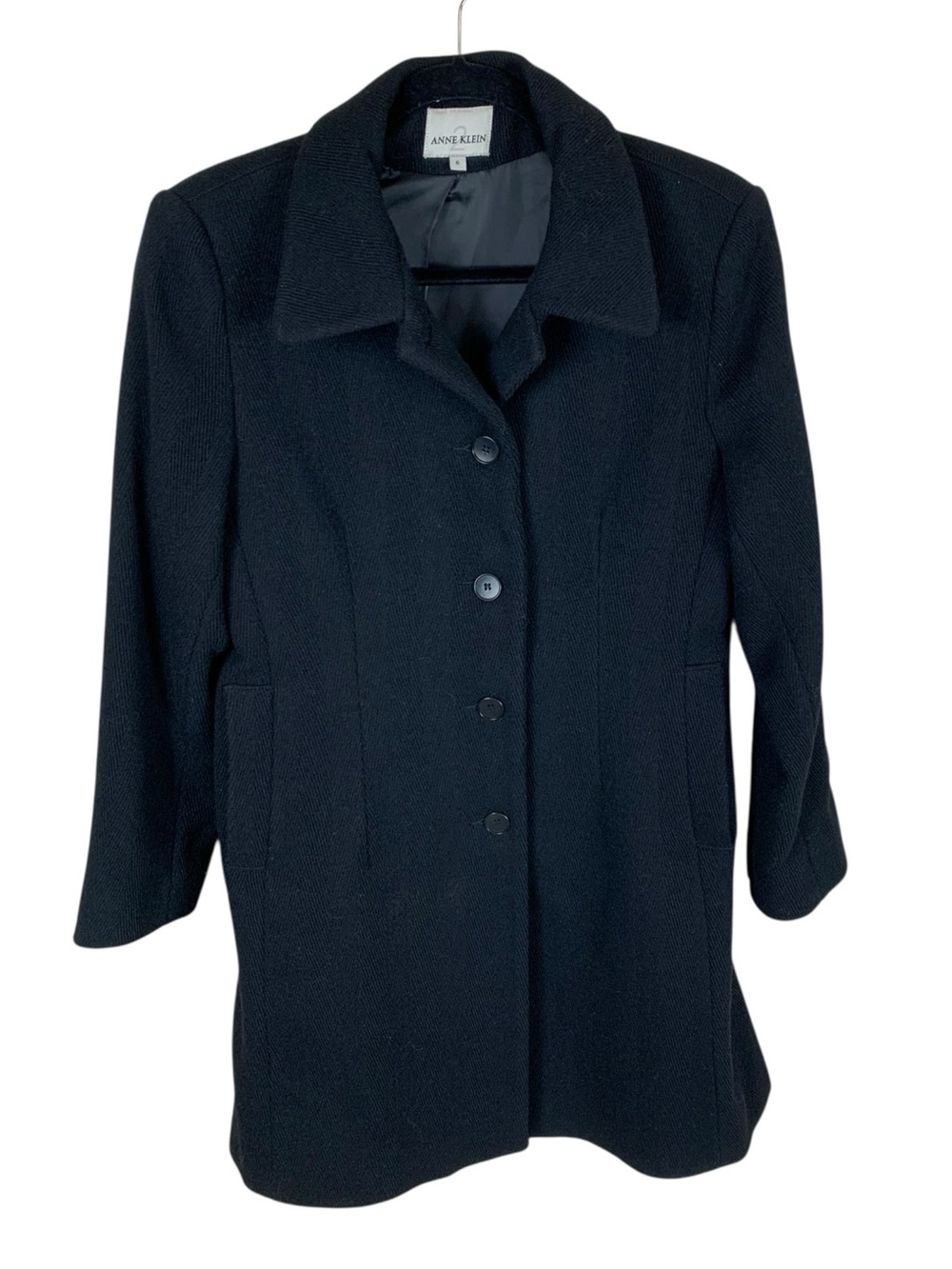 Women's Anne Klein 2 Black Wool Blend Single Breasted Peacoat Size 6 Classic